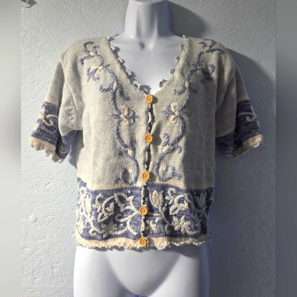 Vintage 90s Partners Short-Sleeve  Blue Patterned Cardigan - L
